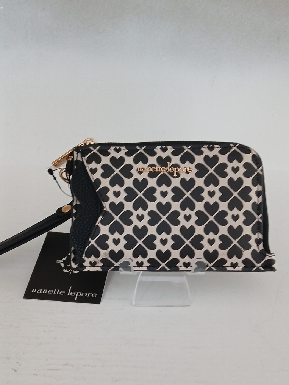 Nanette Lepore Black & Cream Heart Clover Wristlet